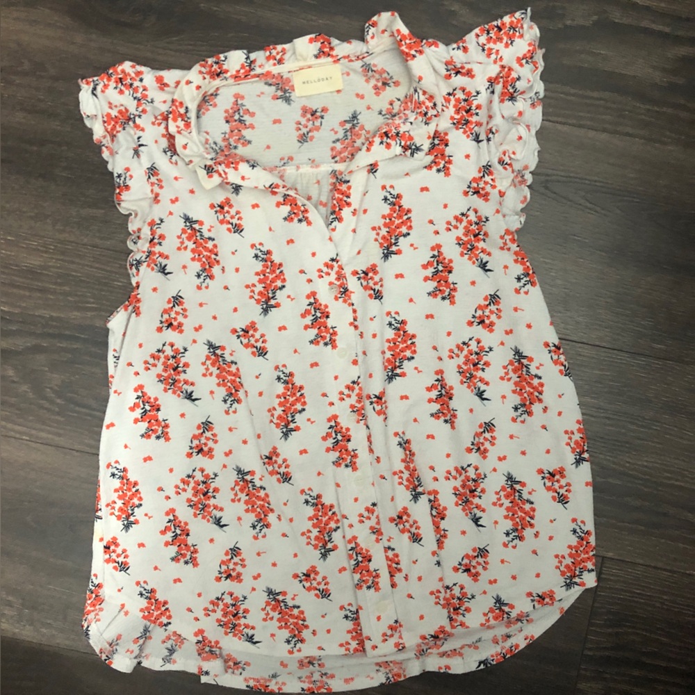 MELLODAY White Floral Ruffle Sleeve Blouse with Coral Print
